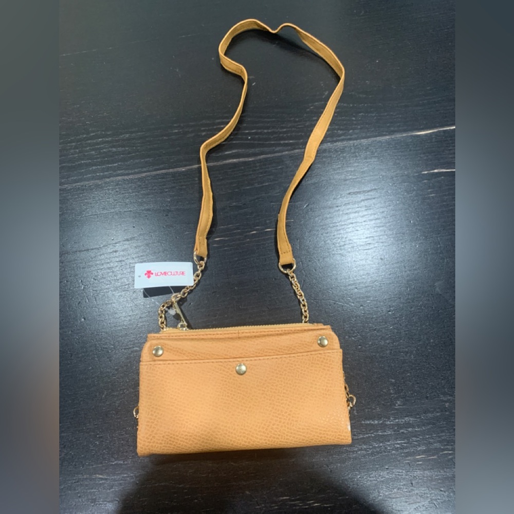 New Love culture Cross Body Clutch Tan Beige Mini Gold Hardware Purse.